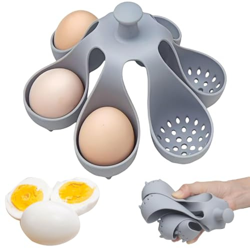 Silicone Egg Boiler Rack for 6 Eggs, Food Grade Heat-Resistant Egg Cooker with Drainage & Handle, Flexible Washable Holder for Cooking, Kitchen Tools