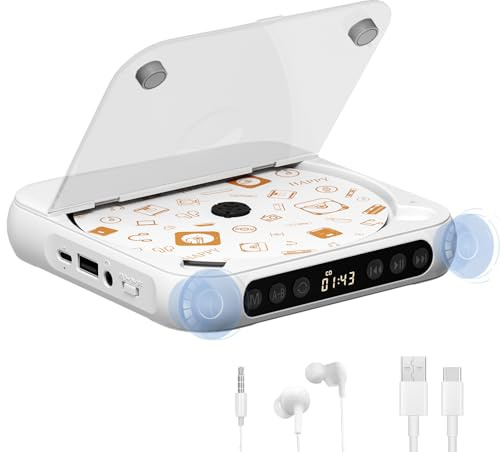 Portable CD Player, Personal CD Player with Bluetooth for Home, Rechargeable Small CD Player with Headphones,Built-in HiFi Speakers, Support CD/AUX/USB, Anti-Skip/Shockproof