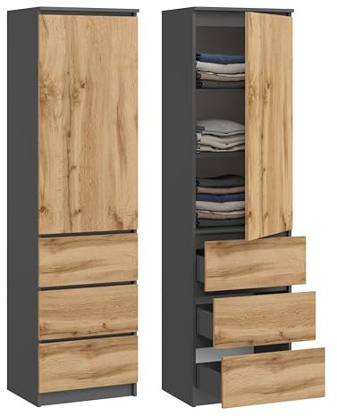 KUBUTKU Mehrzweckschrank mit 3 Schubladen 3 Fächern und Türen Haushaltsschrank Kleiderschrank Büroschrank 180,5x50x40 cm (Grafit/Eiche Wotan)