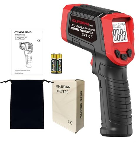 MUFASHA Infrared Thermometer Temperature Gun Laser High Temp Thermometer with LCD Display Non-Contact Industrial Pyrometer 12:1 Distance Ratio-32°（-25.6℉） to 550°（1022℉） for Cooking Pizza Oven Griddle