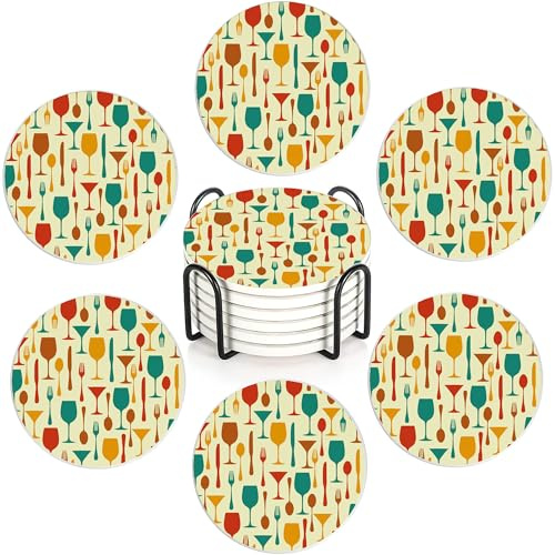 Goblet Pattern Set of 6 Coasters Absorbent Ceramic Drink Mats with Cork Base & Metal Holder, Spill Protectors for Mugs/Cups, Cheerful Home/Bar Decor