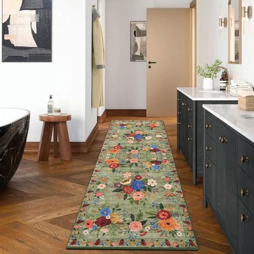 BYBSRLL Hallway Runner Rugs 60x180cm, Non-Slip & Machine Washable Low Pile Kitchen Runner, Floral Printed Soft Carpet Runner for Hall, Entryway, Laundry, Lounge, Office, Bedroom, Green