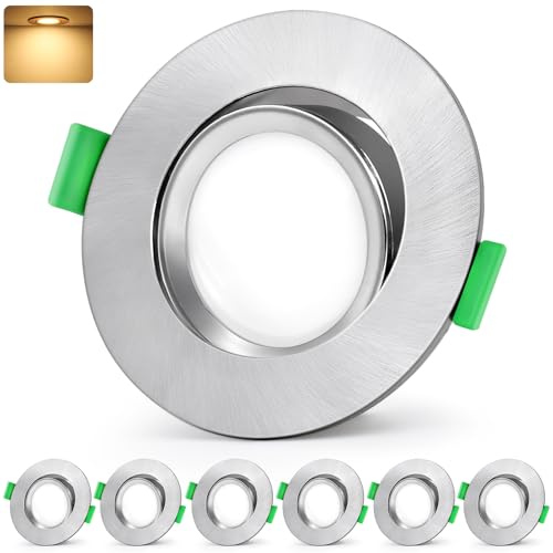 GeyouLux LED Einbaustrahler 230V IP44, 5W 600LM 2700K Warmweiß Deckenspots | 45° Schwenkbar 68-80mm EinbauØ Einbauleuchten, Ultra Flach Einbauspots für Badezimmer Küche Rund Nickel LED Spots 6er Set