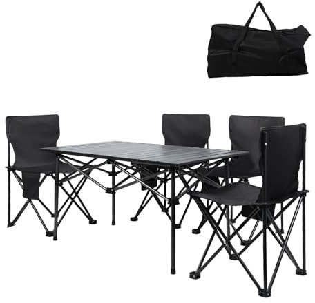 Haibinsuo Set Table et 4 Chaises Plibles en Aciaire pour Jardin/Camping | Table Pliante EXTÉRIEUR (95X55CM) avec Sac DE Transport Support 100kg / Chaise imperméable Facile à Nettoyer pour Pêche