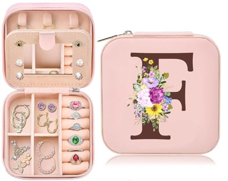 Toozen Cajas de Joyería Personalizadas Con Inicial, Pequeño Joyero de Viaje con Espejo, Joyero Viaje, Joyero Pequeño para Mujer Niña Regalo de Cumpleaños Navidad Día de la Madre Rosa(F)