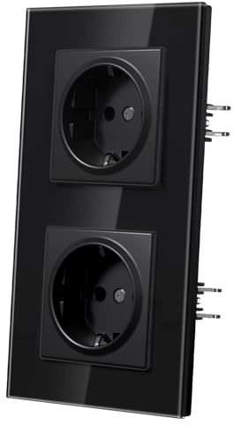 MVAVA Enchufe pared Con Garfio,Enchufes Empotrable Estándar,Placa de Cristal,Conexión Rápida con Resortes,Seguridad infantil,2 Enchufes,157mm Negro