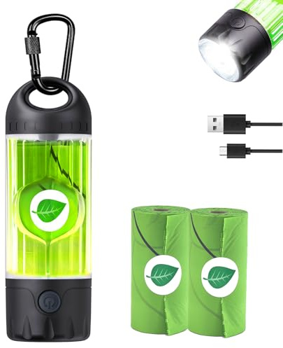 Tubasion Porta sacchetti per escrementi per cani con torcia 7 colori, porta sacchetti per escrementi di cani ricaricabile USB-C, dispenser impermeabile IPX6 per escrementi di gatti (30 sacchetti per