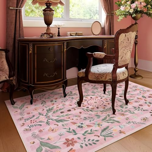 RUGMRZ Tapis Lavable en Machine Poil Ras 160x230cm,Couleur Rose,Motifs De Plantes pour Chambre Bébé,Salon,Parc