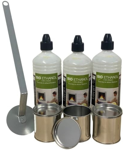 SRM Design Ethanolkamin Zubehör Starterset 3X Brenndosen Flüssigbrennstoff 3L Ethanol + Flammenlöscher