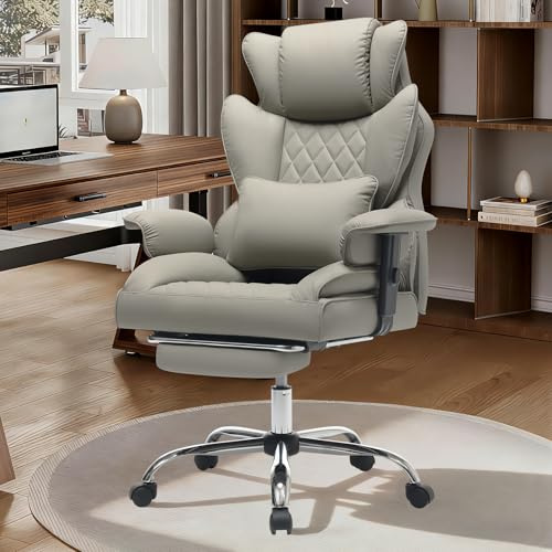 SJGUOJI Desk Office Chair, Executive Office Desk Chair with Footrest, Big and Tall PU Leather Ergonomic Office Chair, 200KG Adjustable High Back Computer Chair - Light Gray