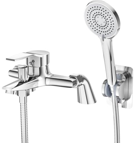 CURUK Bath Taps with Shower Attachment, Solid Brass Deck Mounted Mixer, 5 Mode Shower Head and Hose Set, Chrome Bath Shower Mixer Tap for Bathtub Fitting G3/4'' - Silver