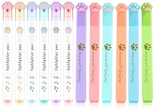 LEPZUS 12 stycken överstrykningspennor, söta katttass-highlighter, highlighter penna pastell, estetiska märkpennor överstrykningspenna set för barn vuxna teckning eller markering