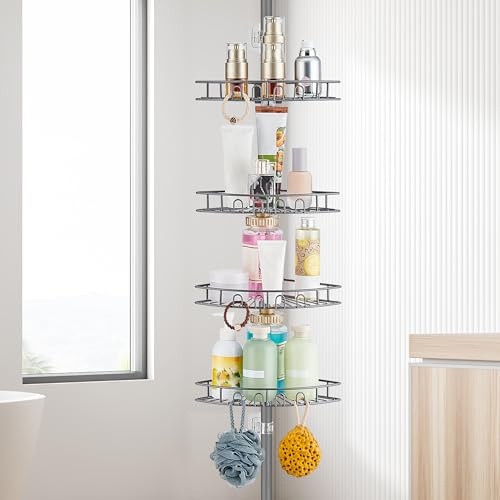 ASKLUND Duschablage ohne Bohren Edelstahl Teleskop Duschregal Duschgel Halterung Eckregal Bad mit 4 Körben, 85-325cm, für Badewanne Badezimmer Dusche und Küche, Grau