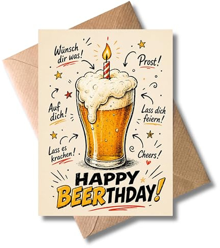 WBdesignz humorvolle Bier Geburtstagskarte mit Umschlag - Lustige Geburtstag Karte Wortspiel Happy Beerthday - Bierkrug & Kerze - Glückwünsche für Biertrinker Bierliebhaber Freunde Männer (DIN A6)