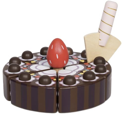 Le Toy Van - Childrens Wooden Honeybake Chocolate Gateau Cake Food Pretend Toy | Birthday Cake Or Afternoon Tea Role Play Toy, Medium | wooden cake toy, pretend food play, role play set, birthday and tea party fun, medium size