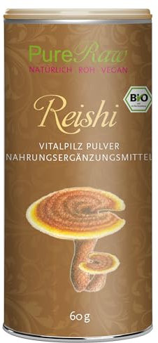 Reishi Pilz Pulver Premium LingZhi (Bio Vegan) Vitalpilze Ganoderma Lucidum Pilze Dose - Pilzpulver Superfood als Kaffeeersatz Smoothie TCM - Organic Ling Zhi Mushroom Powder | PureRaw 60g