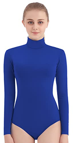 SUPRNOWA Women's Long Sleeve Turtleneck Top Bodysuit Mock Neck Stretchy Leotard Jumpsuit Body Suit with Zipper for Dance Gymnastics Cheerleading Fashion (X-Small, Royal Blue)