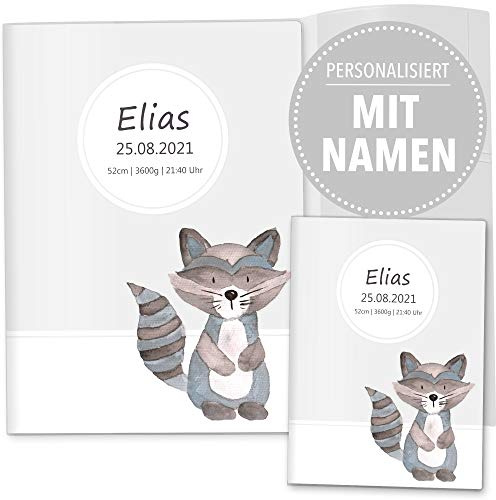 OLGS U-Heft und Impfpasshüllen 3-teilig Set Waldtiere Untersuchungsheft Hülle & Impfpasshülle personalisierbar mit eigenem Namen und Geburtsdatum (U-Heft Hüllen Set 3-teilig personalisiert, Waschbär)