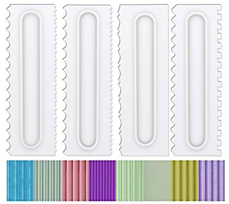 Antallcky Juego de 4 peines y alisadores de glaseado para decorar mousse crema de mantequilla, herramientas de borde de pasteles, raspador de pastel de dientes de sierra de plástico, 8 texturas de