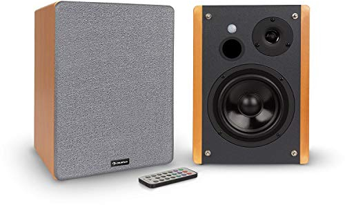auna Linie 400 A Regallautsprecher, Paar, Aktivboxen, Leistung: 2 x 40W max. / 2 x 20 W RMS, Woofer: 4 (10 cm), Tweeter: 1 (2,5 cm), Bluetooth-Streaming, USB-/SD-Port für MP3, Holz-Optik/schwarz