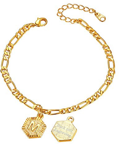 FOCALOOK Damen Buchstabe M Fußkettchen 18k vergoldet personalisiert Initiale Hexagon Anhänger mit 22+5cm Figarokette goldenfarbige Sommer Strand Armband Fuß Schmuck Accessoire