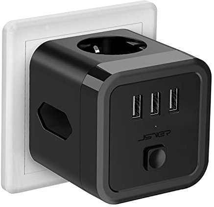 JSVER Multipresa Cubo Con 3 Scomparti (1 Presa Schuko, 2 Prese Europee) e 3 USB - Ciabatta Con Protezione Da Sovraccarico e Sovratensione Per Ufficio, Casa o Viaggio - Cavo Nero