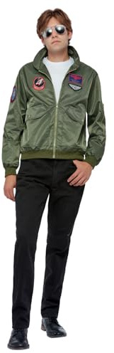 Smiffys Top Gun Maverick Bomberjacka, Vuxna Grön Jacka med Applikationsmärken, Officiell Licensdräkt, Konstläder, Officiell Topppistol Halloween Fin Klänning