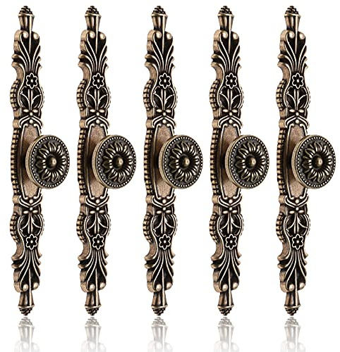 Bonsicoky 5Pcs Vintage Antique Floral Cabinet Handles, 3.8 Holes Space Bronze Dresser Handles for Dresser Drawers Cupboard, 6.3 Length