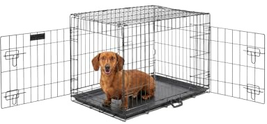 FurDreams 24 Folding Dog Crate for Small Dogs - Heavy-Duty Black Metal Cage with Front & Side Doors, Chew-Resistant Plastic Tray & Carry Handle, Quick Setup (60 × 45 × 50 cm)