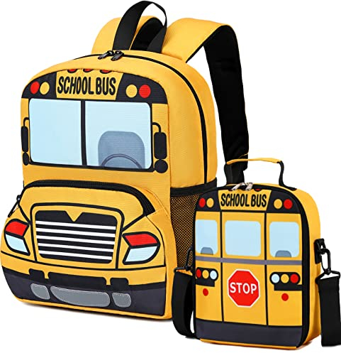 Bluboon Toddler Backpack Boy Preschool School Bus Bookbag Kindergarten 3D Daycare Bags with Insulation Lunch Box (Yellow red)