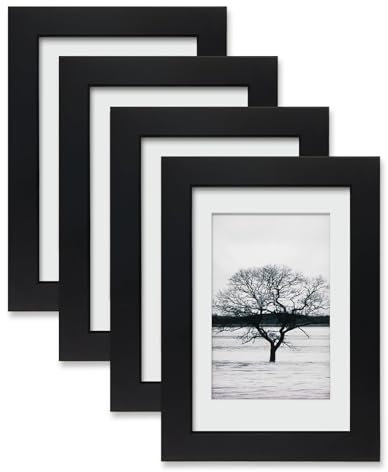 Egofine 6x4 Photo Frames,100% Solid Wood Frames with Acrylic Glass Set of 4,Matted for 3.5x5/4x6 inch Picture,6x4 Picture Frames for Tabletop and Wall Mounting,10x15 cm Small frames for Printing,Black