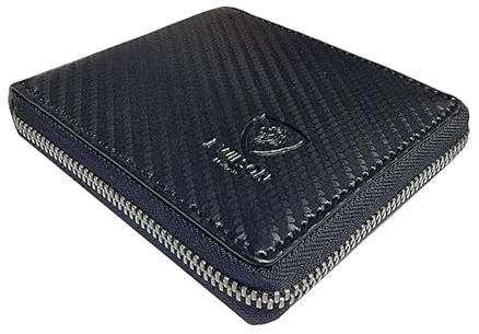 J. Wilson London Mens Designer Zip Around Genuine Soft Real Leather Wallet Credit Card Holder Purse (Dark Blue/Black)
