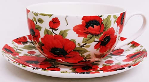 Tasse et soucoupe en porcelaine anglaise Motif coquelicots Rouge 355 ml