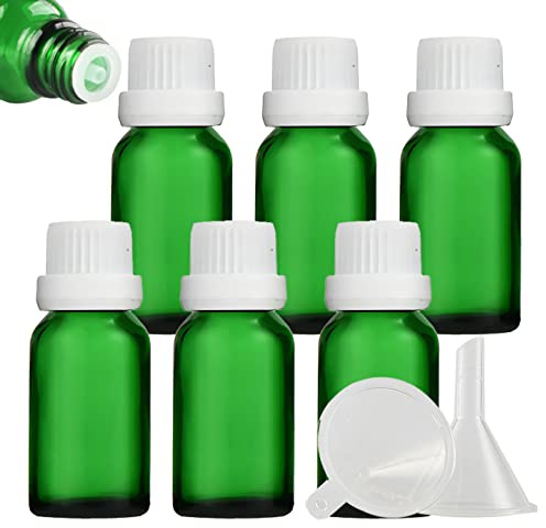 ZEOABSY 6 Stück Leer 15ml Braunglas Flasche mit Tropfmontur Originalitätsverschluss, Tropfflasche Grün mit Weiß Schraubverschluss Glasflaschen für Ätherisches Öle Essenzen Aromatherapie