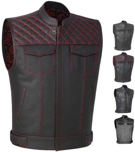 Jackets 4 Bikes SOA Men's Motorcycle Vest, Geniune Buffalo Leather, Back Armor, Inside Pockets, Motorbike Riding Club Vests Paisley Red S