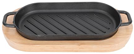 Cabilock 1 Set Steak Plate Cast Iron Pan Set Grill Pan Sizzler Plate Set, with Wooden Trivets Fajita Serving Plate, Sizzling Steak Platter for BBQ Seafood Fried Dish