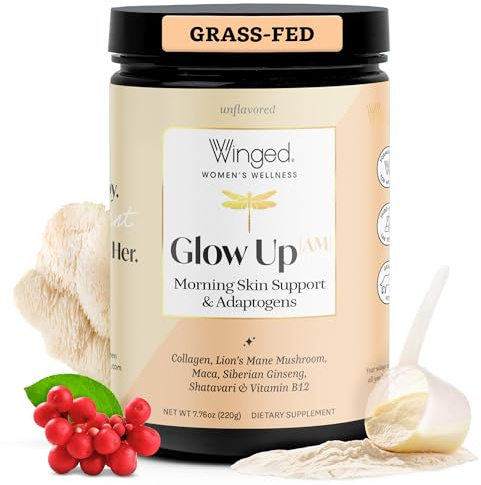 Winged Wellness Glow Up AM, Collagen Powder for Women - Morning Beauty Supplement for Glowing Skin with Grass-Fed Hydrolyzed Collagen Peptides, Lion's Mane & Shatavari - 21 Servings, Unflavored