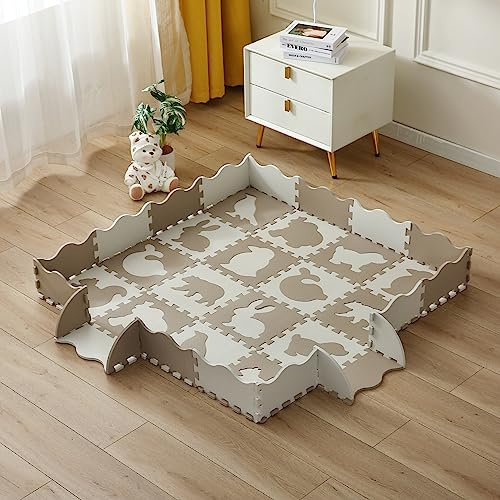 INTOMENG Tapis en Mousse pour BéBé EVA Foam Dalle Tapis Puzzle Jeu Bebe Epais 142x142x1cm Parc Animal Gris Brun Tapis de Sol Imperméable Cadeau Anniversaire Naissance DD10
