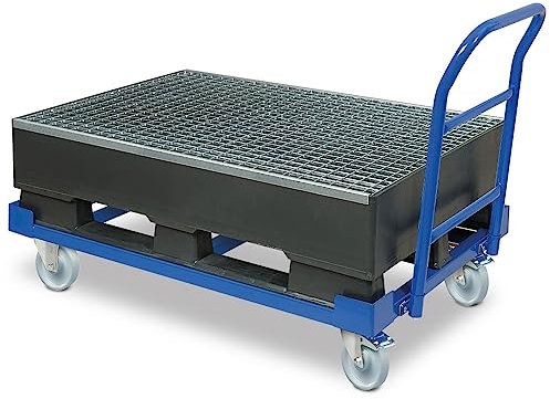 BRB Fahrbare Auffangwanne mit verzinktem Gitterrost und Kufen, BxT 1200x800mm, OK Ladefläche 230/545 mm, Auffangvolumen 120 Liter