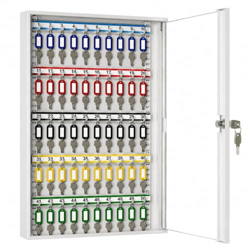 LEOMAR Schlüsselschrank, Schlüsselkasten mit 50 Haken, Schlüsselbox aus Stahlblech mit Glastüren, mit Verstellbaren Hakenleisten, Organizer zur Wandbefestigung, Abschließbar, 6 x 35 x 52 cm