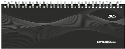 Zettler - Tisch-Querkalender 2025 schwarz, 29,7x10,5cm, Bürokalender mit 128 Seiten, Tages-, 1 Woche auf 2 Seiten, Monatsübersicht, Notizbereich, Adressteil, Ringbindung und deutsches Kalendarium