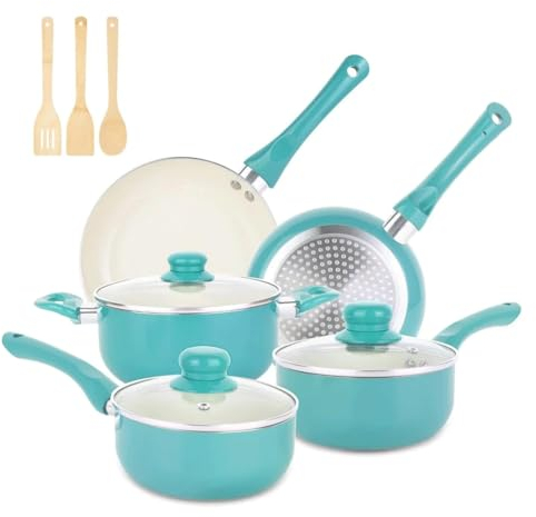 FEIGUO Juego de ollas y sartenes antiadherentes, 11 Piezas de Utensilios de Cocina de inducción, Juego de Cocina Antiadherente de cerámica (Estilo Blanco)