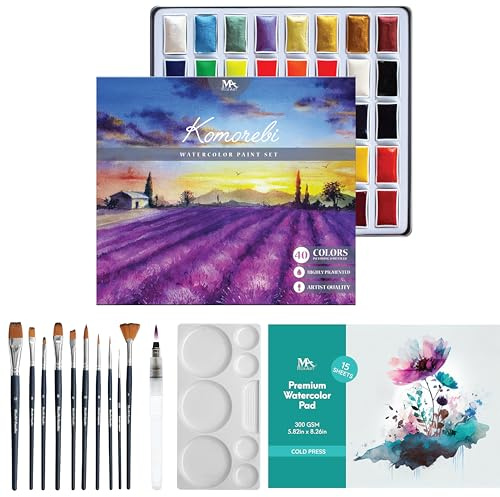 Mozart Premium japanisches Aquarellfarben-Set mit komplettem Zubehör, 40 reichhaltige Wasserfarben, inklusive Pfannen, Palette, Stift, Pad, Pinsel, Metallic- und Neon-Wasserfarben, perfektes