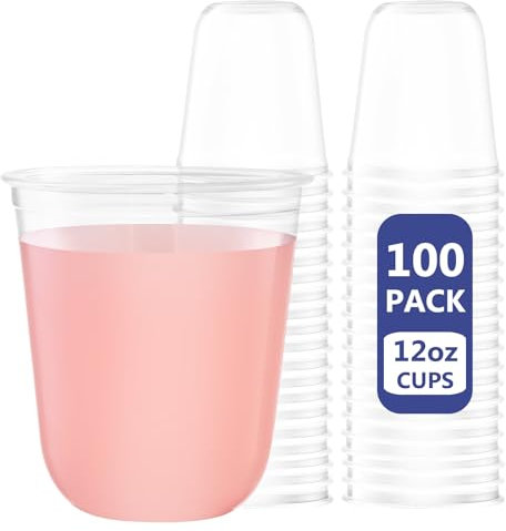 WELLIFE 12 oz Clear Plastic Cups, 100 Pcs Disposable Wine Glasses Stemless Cocktail Punch Cups for Cold Drinking Wedding Party Supplies Valentine's Day