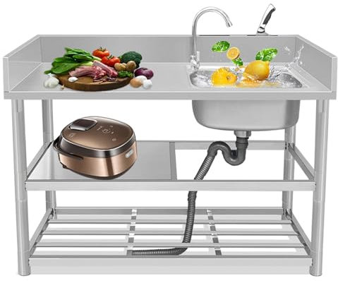 Lavandino da Esterno,Lavello Cucina 1 vasca con Mobile,Lavandino da Campeggio Acciaio Inox,Portatile Lavabo da Giardino Multifunzione con Rubinetto,per Interno,Ristorante,Bar,Caffè,Garage(90x50x80cm)