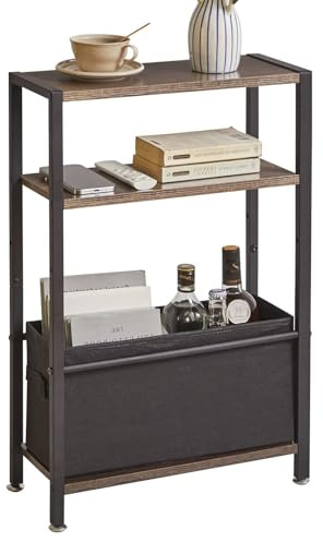 Aibiju Beistelltisch mit Stauraum, 3-stufiger schmaler Couchtisch mit Stoffkorb, schmaler Nachttisch, Kleiner schmaler Beistelltisch für kleine Räume, Schlafzimmer, Wohnzimmer, Dunkelgrau, YD-TM052G
