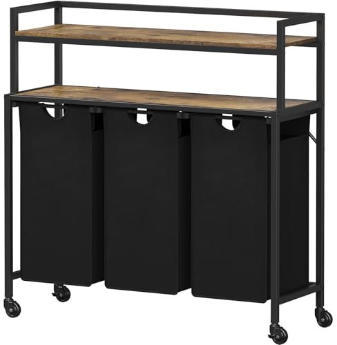 Lifewit Wäschekorb 3 Fächer, 120L/40 x 3L Wäschesammler mit 2 Ablage und Rollen, Laundry Baskets mit herausziehbaren Säcken, Wäschesortierer für Waschküche Schlafzimmer, Rustikal Braun &Schwarz