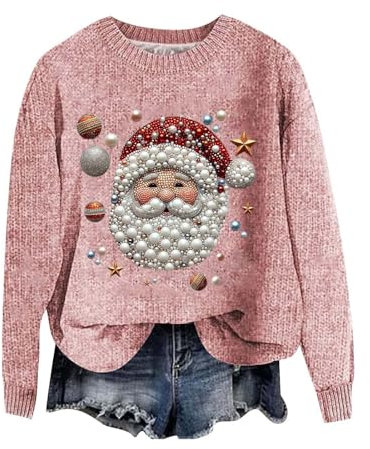 2024 Damen-Pullover, 3D-Druck, Weihnachtspullover, Sweatshirt mit Perlen und Edelsteinen, Grobstrick, Rundhalsausschnitt, warm, modisch, für den Winter, beleuchteter Weihnachtspullover, rose, M