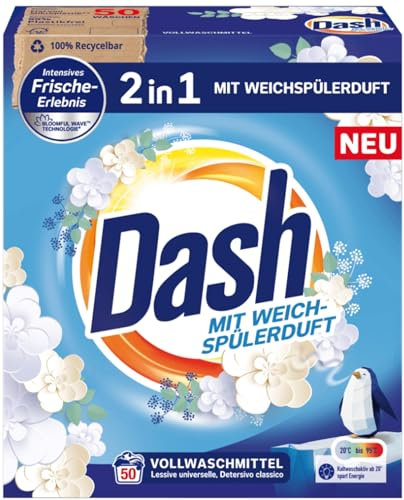 Dash 2 in 1 Vollwaschmittel mit Weichspülerduft, Pulver – 3 kg (ca. 50 Waschladungen)