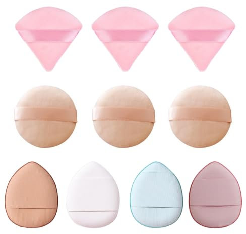 10 Piezas Maquillaje, 3 Triángulo Polvos Puffs,4 Mini Polvo Puffs,2 Borla de polvos sueltos,Soplos de Polvo, Powder Puff, Esponja Polvos para Kosmetics, Aplicadores de Polvo Suelto